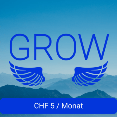 handmadehub.ch Das Bild zeigt den handgeschriebenen blauen Schriftzug „GROW“, darunter verziert mit zwei stilisierten Flügeln. Die neblig-blauen Berge unter klarem Himmel bilden eine ruhige Kulisse. Unten zeigt ein blauer Balken „CHF 5 / Monat“ in strahlend weißer Schrift. .handmade